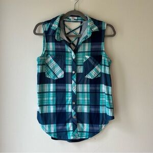 Ardene Plaid Sleeveless Button-Up Tank Top Small Crisscross Back Blue Green Soft